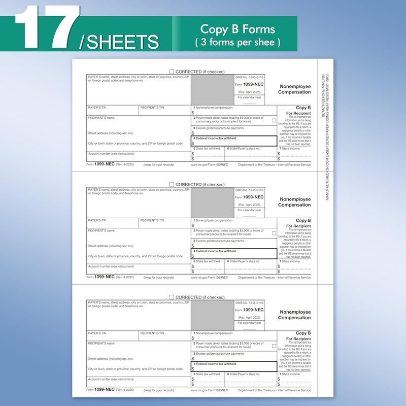 Yeplan 1099 NEC Forms 2025 with Envelopes, 50 2025 1099 NEC Tax Forms, 4 Part, with 50 Self Seal Envelopes with 3 1096 Included - Image 3